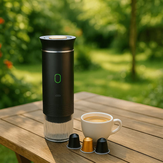 NØMA portable espresso maker in black with transparent detachable cup, minimalist lifestyle design.