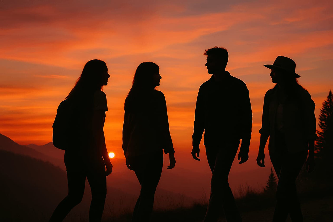 Four friends at sunset with NØMA portable espresso maker, perfect for hiking and travel.