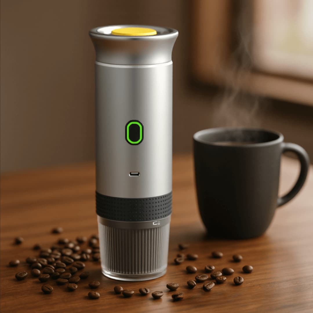 NØMA portable espresso maker in silver with steaming coffee mug and coffee beans on a wooden table.
